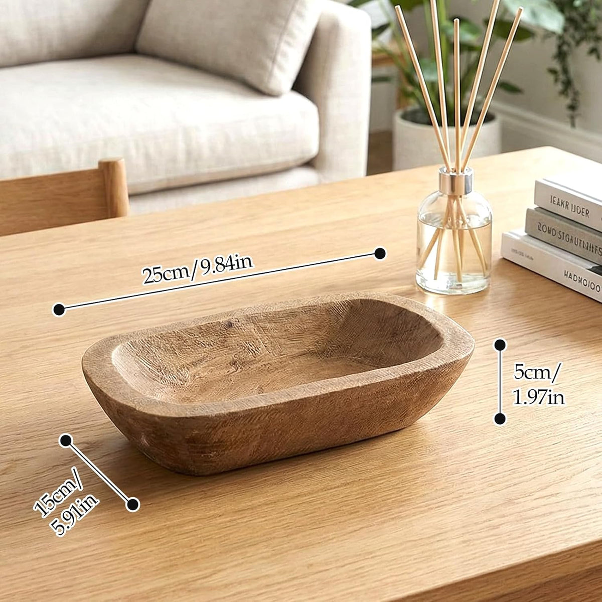Fenteer Wooden Dough Bowl for Candle Making, Hand Carved Solid Wood Catchall Tray, Rustic Centerpiece for Kitchen Counter and Dining Table, 9.8x5.9 in