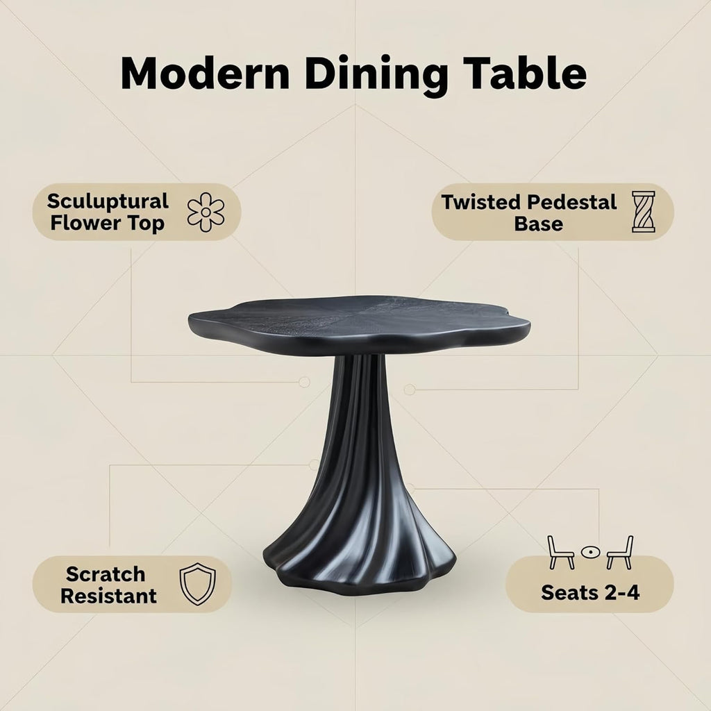 37" Round Modern Dining Table – Flower Shape Top, Twisted Pedestal Base, Black, Table Only for 2-4 People