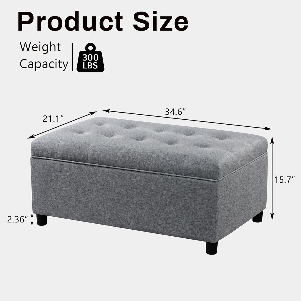 Linen Storage Ottoman Bench 35 inch with Hinged Lid - Multi-Functional Ottoman with Storage for Living Room, Bedroom End of Bed, Entryway Shoe Seat - Easy Assembly, Linen Gray