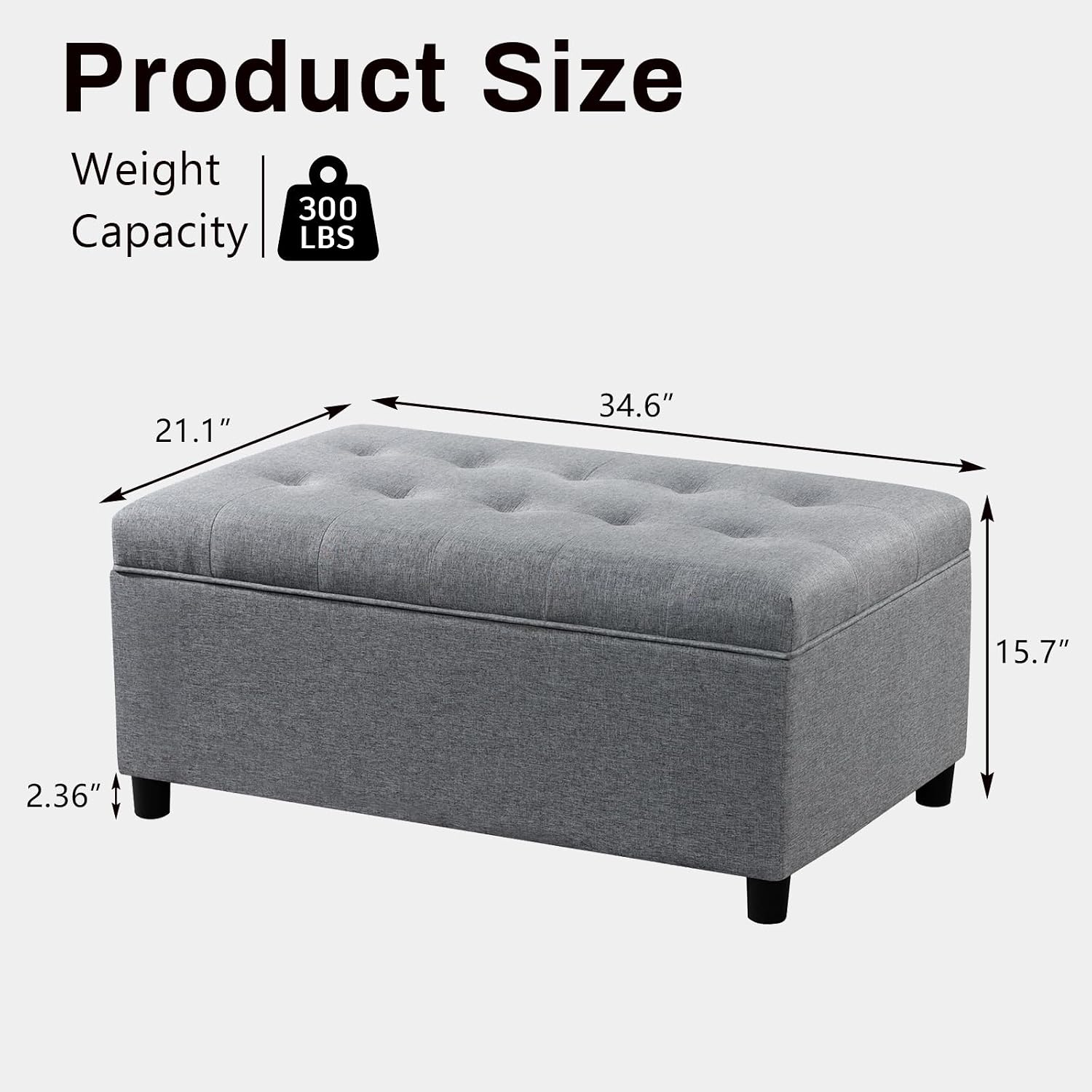 Linen Storage Ottoman Bench 35 inch with Hinged Lid - Multi-Functional Ottoman with Storage for Living Room, Bedroom End of Bed, Entryway Shoe Seat - Easy Assembly, Linen Gray