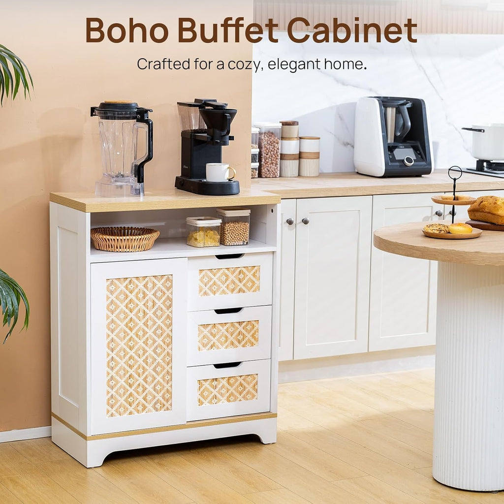 Sideboard Buffet Cabinet with Storage, Rattan Door and 3 Drawers, White | Sliding Door Coffee Bar Storage Credenza Boho Style Small Accent Cabinet for Kitchen, Living Room, Dining Room