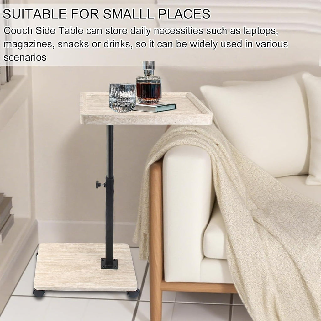 Simcat Adjustable Height C Shaped End Table, 360° Swivel Side Table TV Tray for Small Place, Couch Tables with Wheels Sofa, Bed, Chair (White Grain)
