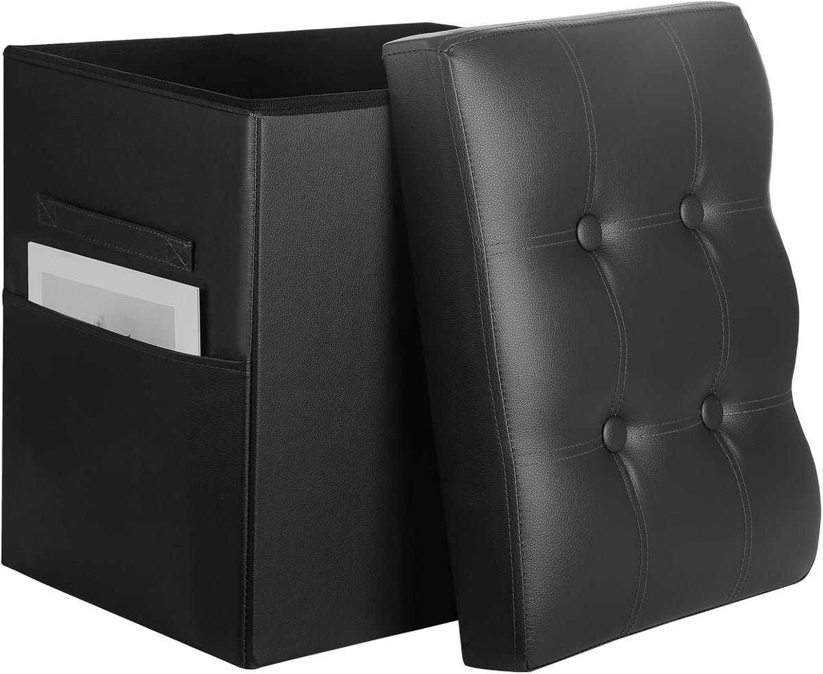Storage Ottoman, Upgraded 17" High Folding Foot Stools Ottoman Dorm, Black | Ottoman Foot Rest with Thicker Foam Padded Seat, Leather Small Ottoman Bench for Living Room Bedroom Coffee Table, 17x13x17in