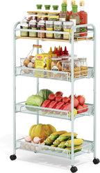 TOOLF 4-Tier Rolling Cart, Metal Utility Cart, Slide Out Storage Cart with Wooden Tabletop and Mesh Baskets for Narrow Space on Kitchen Bathroom Laundry Room Bedroom Apartments Dormitory (Green, Wide)