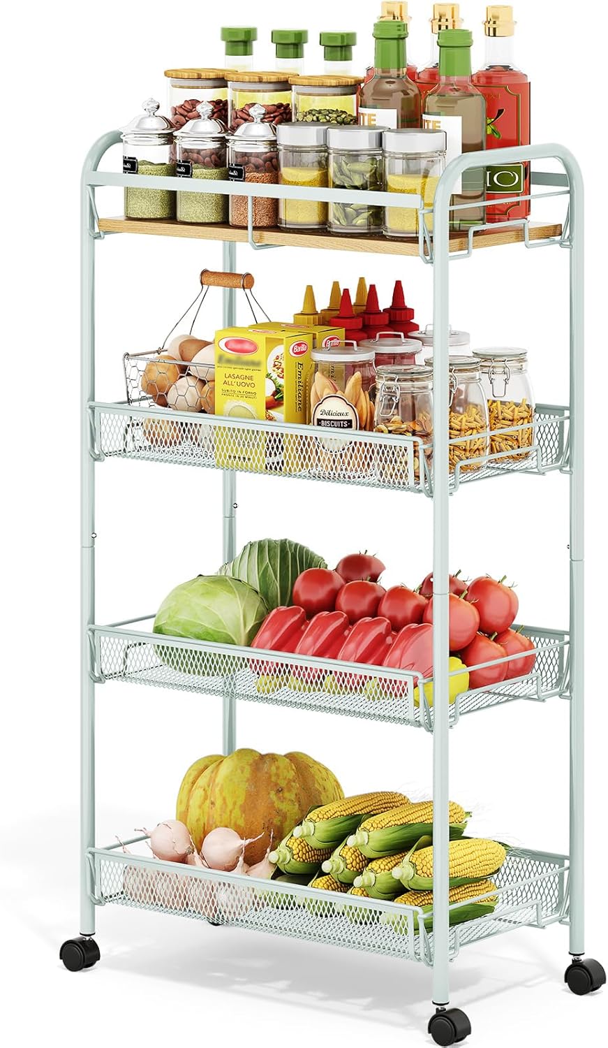 TOOLF 4-Tier Rolling Cart, Metal Utility Cart, Slide Out Storage Cart with Wooden Tabletop and Mesh Baskets for Narrow Space on Kitchen Bathroom Laundry Room Bedroom Apartments Dormitory (Green, Wide)