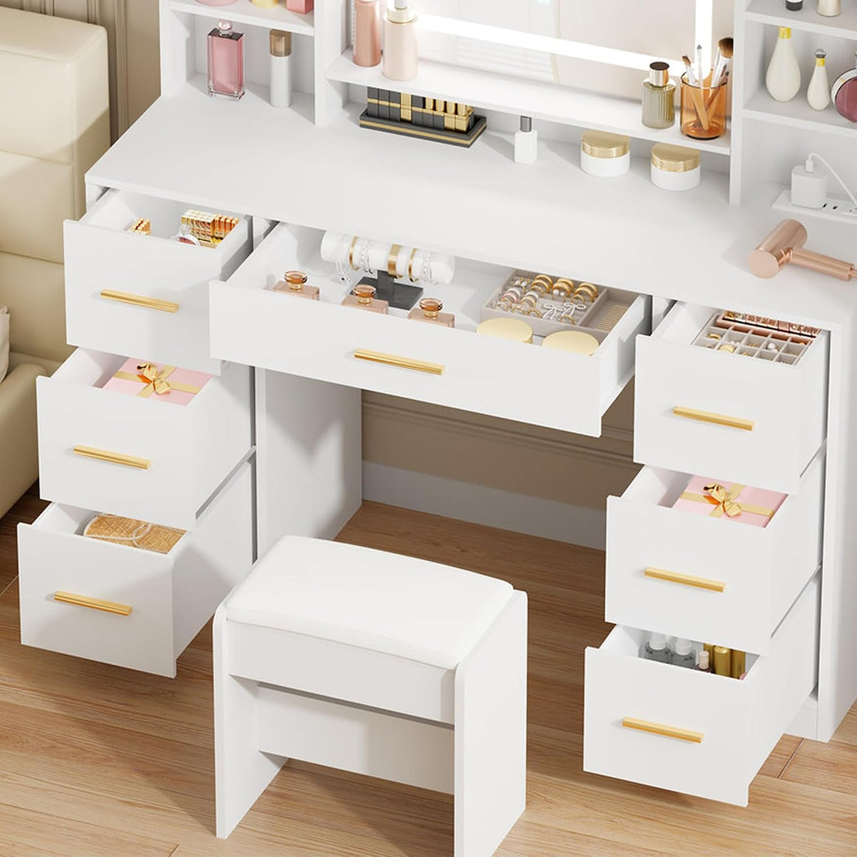 ANWBROAD 39.4" White Vanity Desk with Lighted Mirror & Adjustable Lights | Girls Makeup Vanity Set with Charging Station,Cushioned Stool, 7 Drawers,6 Shelves, Dressing Table for Bedroom Dressing Room