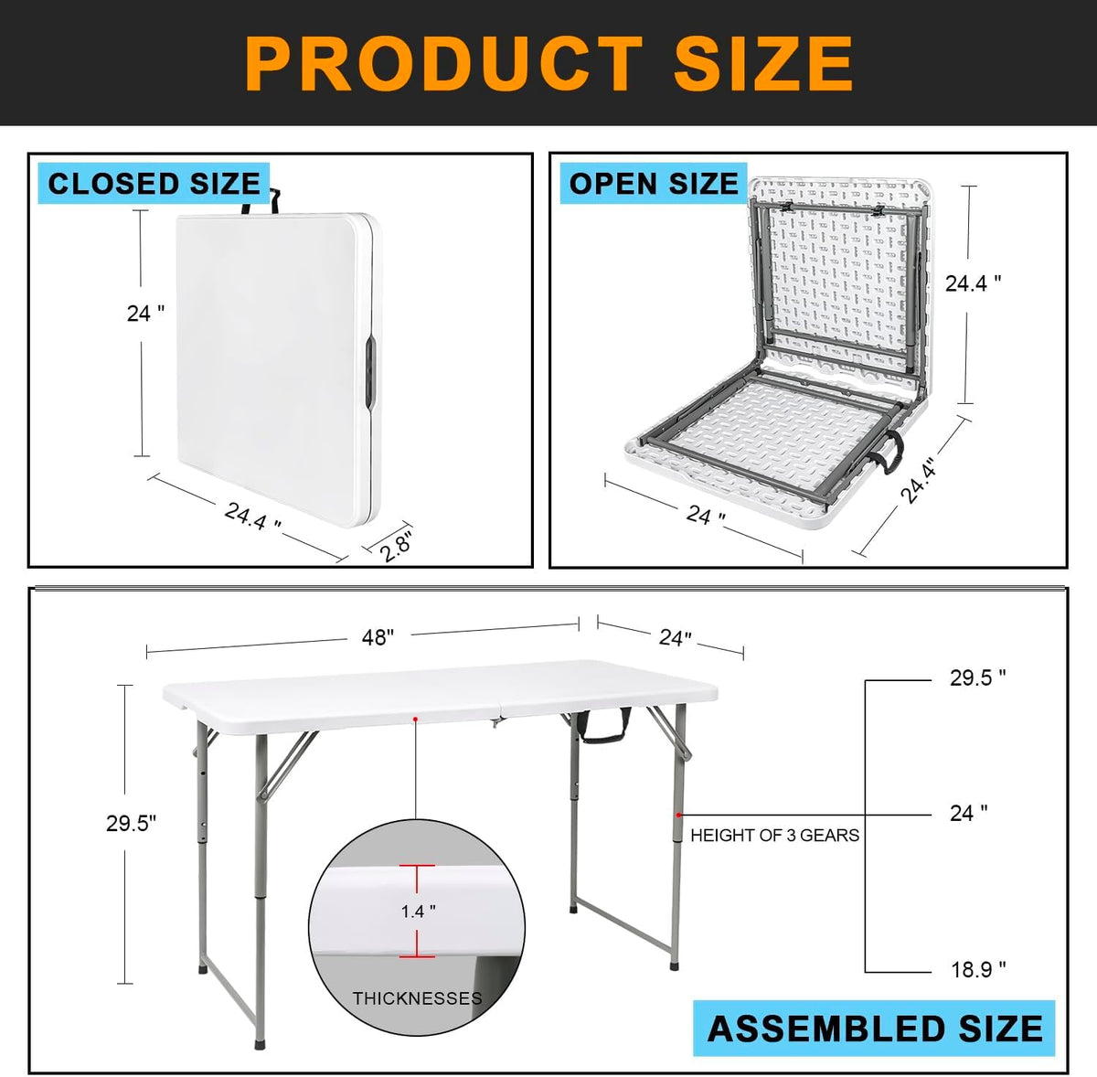 2-PCS 48" W x 24" D x 29.5" H - 4FT White Folding Table Heavy Duty Portable, Plastic Folding Utility Folding Table for Camping, Picnics & Parties