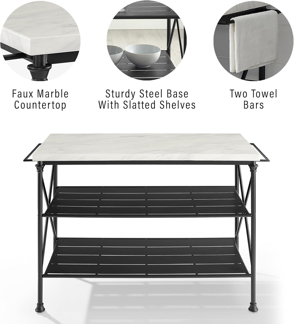 Crosley Furniture Madeleine Kitchen Island and Hutch with Shelves for Storage, Microwave Stand, Coffee Bar, Steel with Faux Marble Top