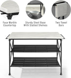 Crosley Furniture Madeleine Kitchen Island and Hutch with Shelves for Storage, Microwave Stand, Coffee Bar, Steel with Faux Marble Top