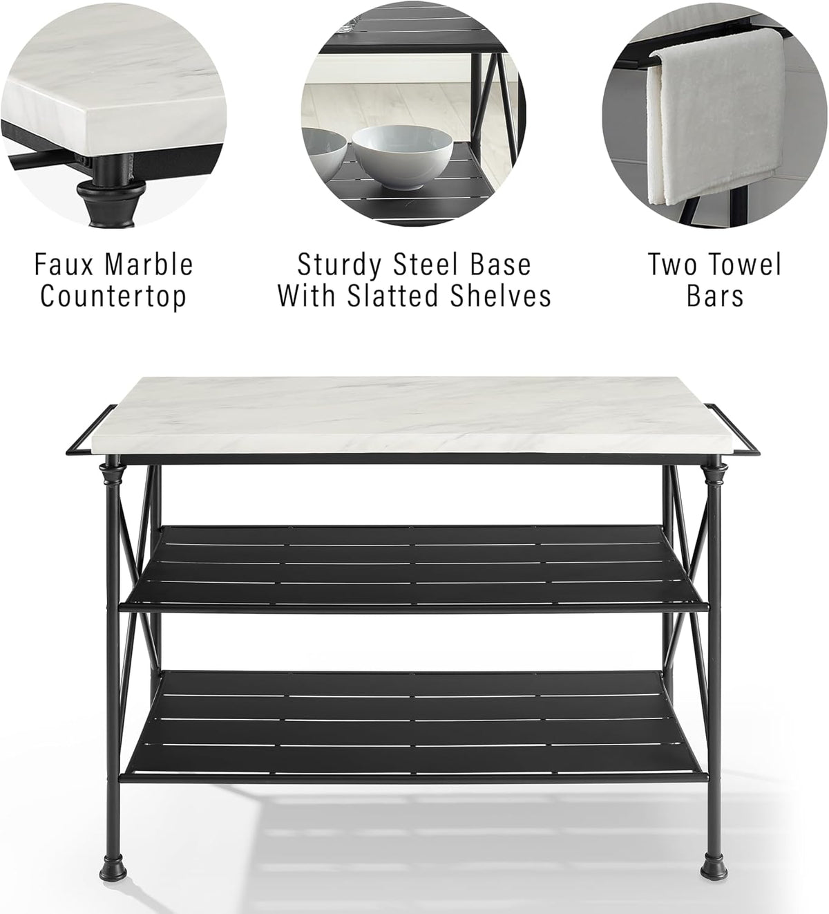 Crosley Furniture Madeleine Kitchen Island and Hutch with Shelves for Storage, Microwave Stand, Coffee Bar, Steel with Faux Marble Top