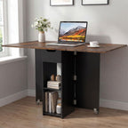 GOFLAME Drop Leaf Dining Table for 2-4, Folding Kitchen Table with Open Shelves & Drawer, Lockable Wheels, Space Saving Extendable Table for Dining Room, Living Room, Small Space, Rustic Brown & Black