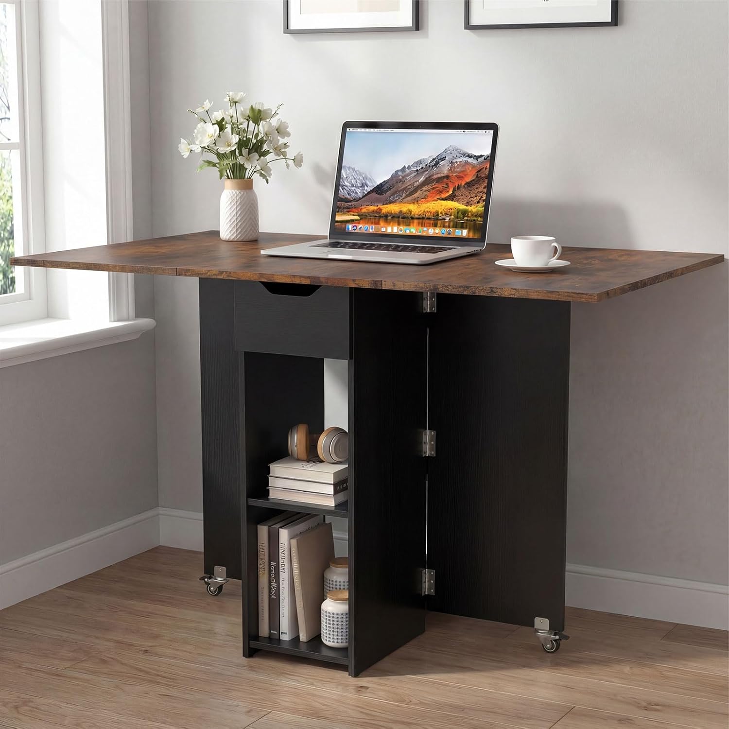 GOFLAME Drop Leaf Dining Table for 2-4, Folding Kitchen Table with Open Shelves & Drawer, Lockable Wheels, Space Saving Extendable Table for Dining Room, Living Room, Small Space, Rustic Brown & Black