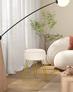 IBUYKE Makeup Vanity Stool, Velvet Round Footrest Ottoman, White LG-30M | Dressing Table Seat Pouf Couch chair Golden Steel Legs