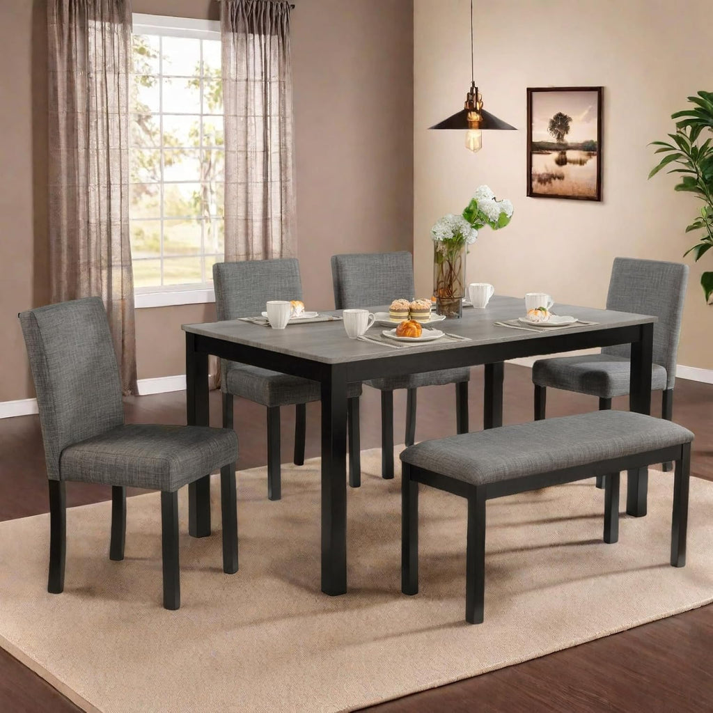 6 Piece Dining Table Set, Counter Height Kitchen Sets, Black | Rectangular Table, 4 Upholstered Backrest Chairs and a Bench, Wood Grain Surface, Modern Dining Room Table Set for 5
