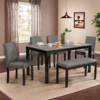 6 Piece Dining Table Set, Counter Height Kitchen Sets, Black | Rectangular Table, 4 Upholstered Backrest Chairs and a Bench, Wood Grain Surface, Modern Dining Room Table Set for 5
