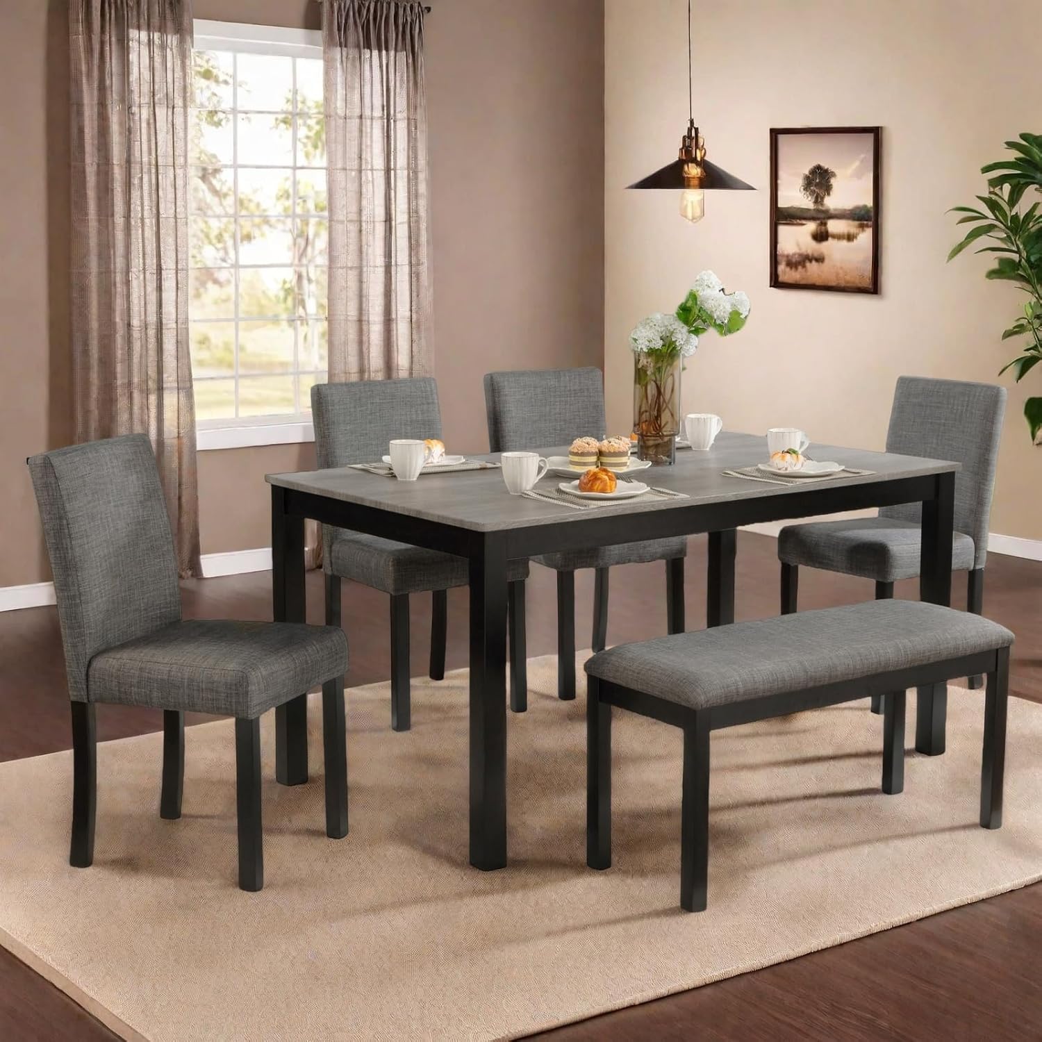 6 Piece Dining Table Set, Counter Height Kitchen Sets, Black | Rectangular Table, 4 Upholstered Backrest Chairs and a Bench, Wood Grain Surface, Modern Dining Room Table Set for 5