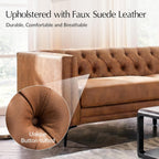 HULALA HOME 84" Faux Leather Sofa, Mid Century Modern 3 Seater Couch, Camel | Button-Tufted Sofa with Metal Legs, Square Armrests, Supportive Cushions, Easy Assembly, for Living Room Bedroom Apartment