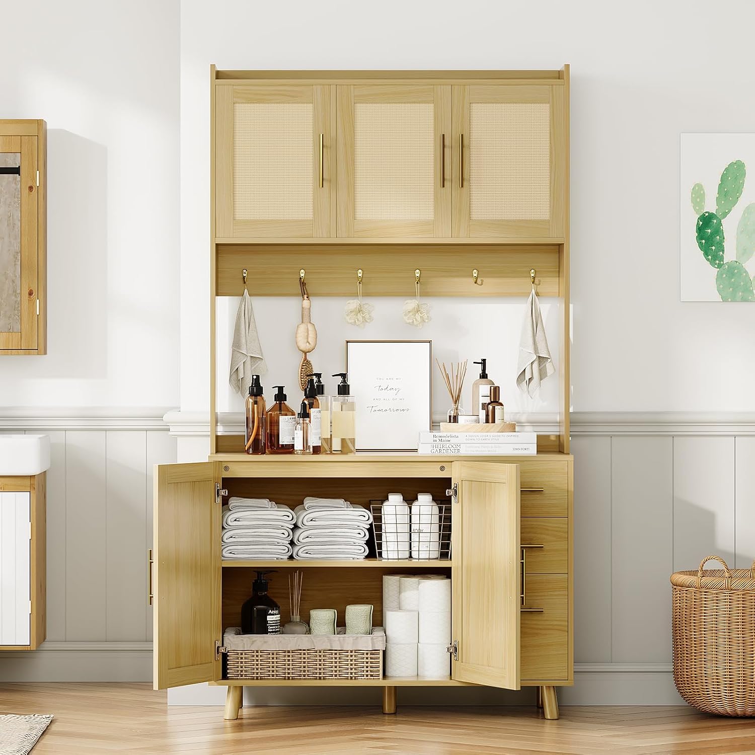 71" Tall Kitchen Pantry Cabinet, Freestanding Rattan Hutch with Microwave Stand, 3 Drawers & 6 Hooks, Kitchen Pantry Cabinet for Dining Room & Kitchen Organization