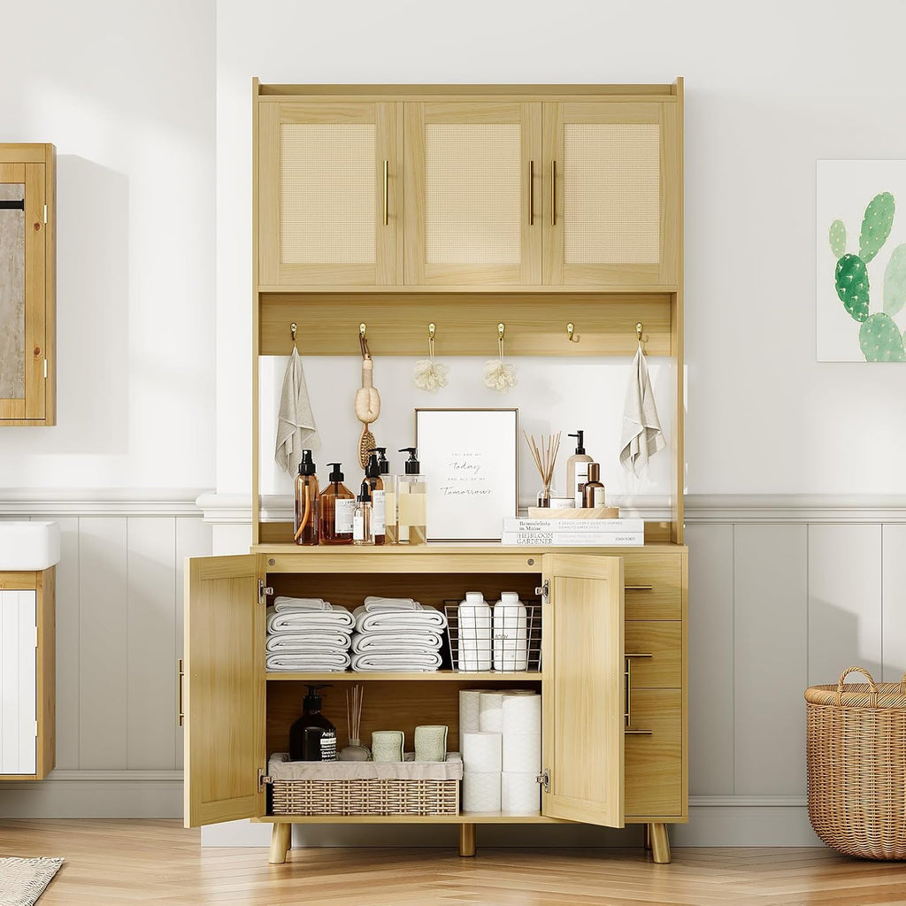 71" Tall Farmhouse Pantry Cabinet with Rattan Doors & Drawers, Freestanding Storage Hutch with Adjustable Shelves, 6 Hooks & Microwave Shelf for Kitchen, Dining or Living Room