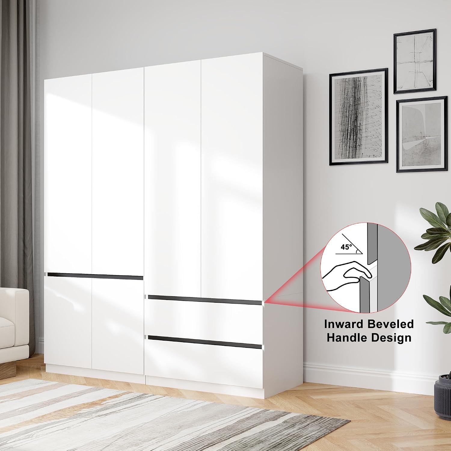 Wardrobe Closet with 4 Doors: 75" White Armoire with 2 Drawers, Wooden Wardrobe for Hanging Clothes, Tall Storage Cabinet with Shelves and Hanging Rod (A+C, 63")