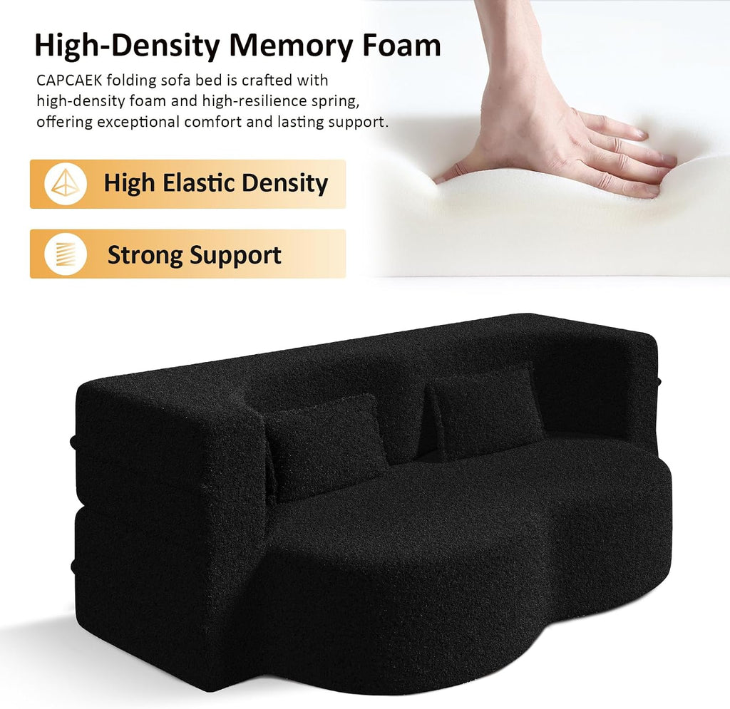 CAPCAEK Folding Sofa Bed,15" Full Size Couch for Living Room, Teddy Fabric Foam-Filled, Convertible Loveseat Sleeper Sofa Bed (Black-Teddy)