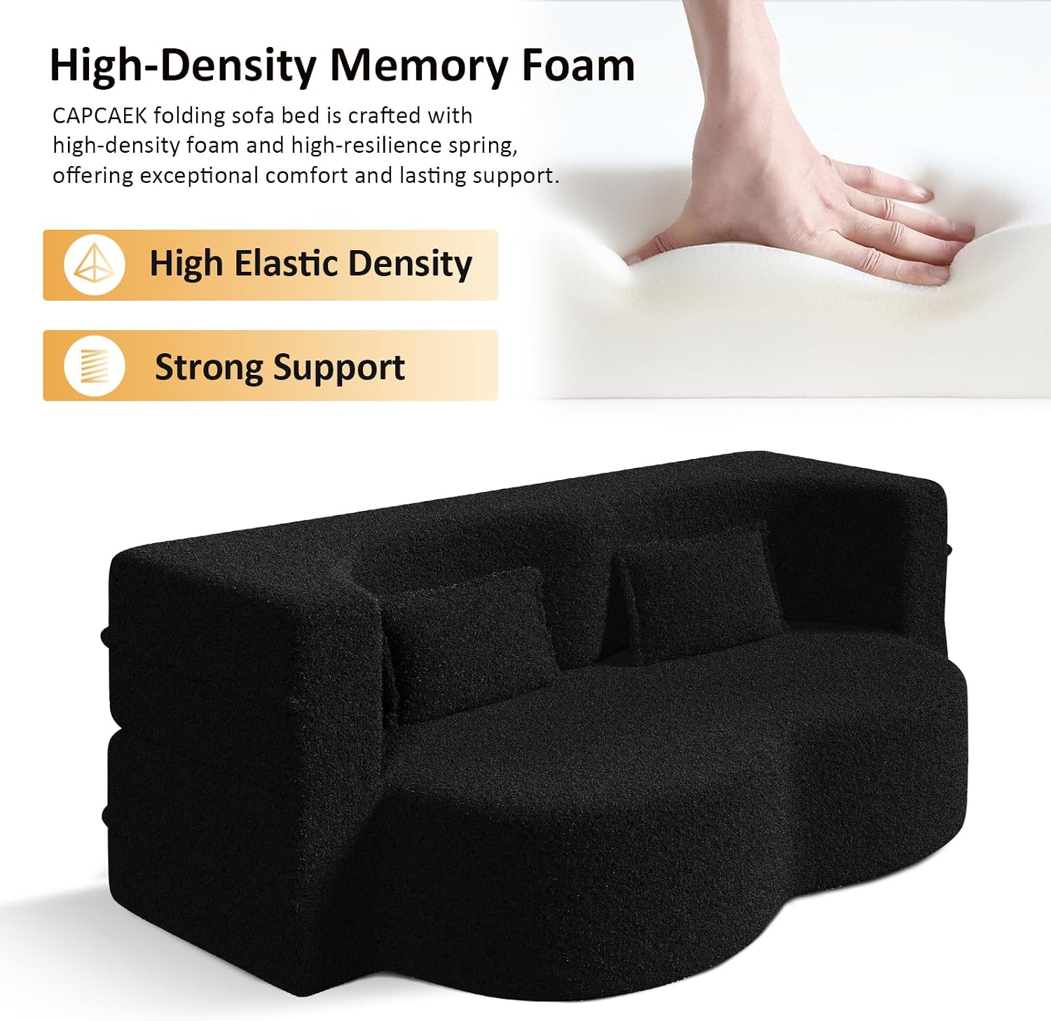 CAPCAEK Folding Sofa Bed,15" Full Size Couch for Living Room, Teddy Fabric Foam-Filled, Convertible Loveseat Sleeper Sofa Bed (Black-Teddy)