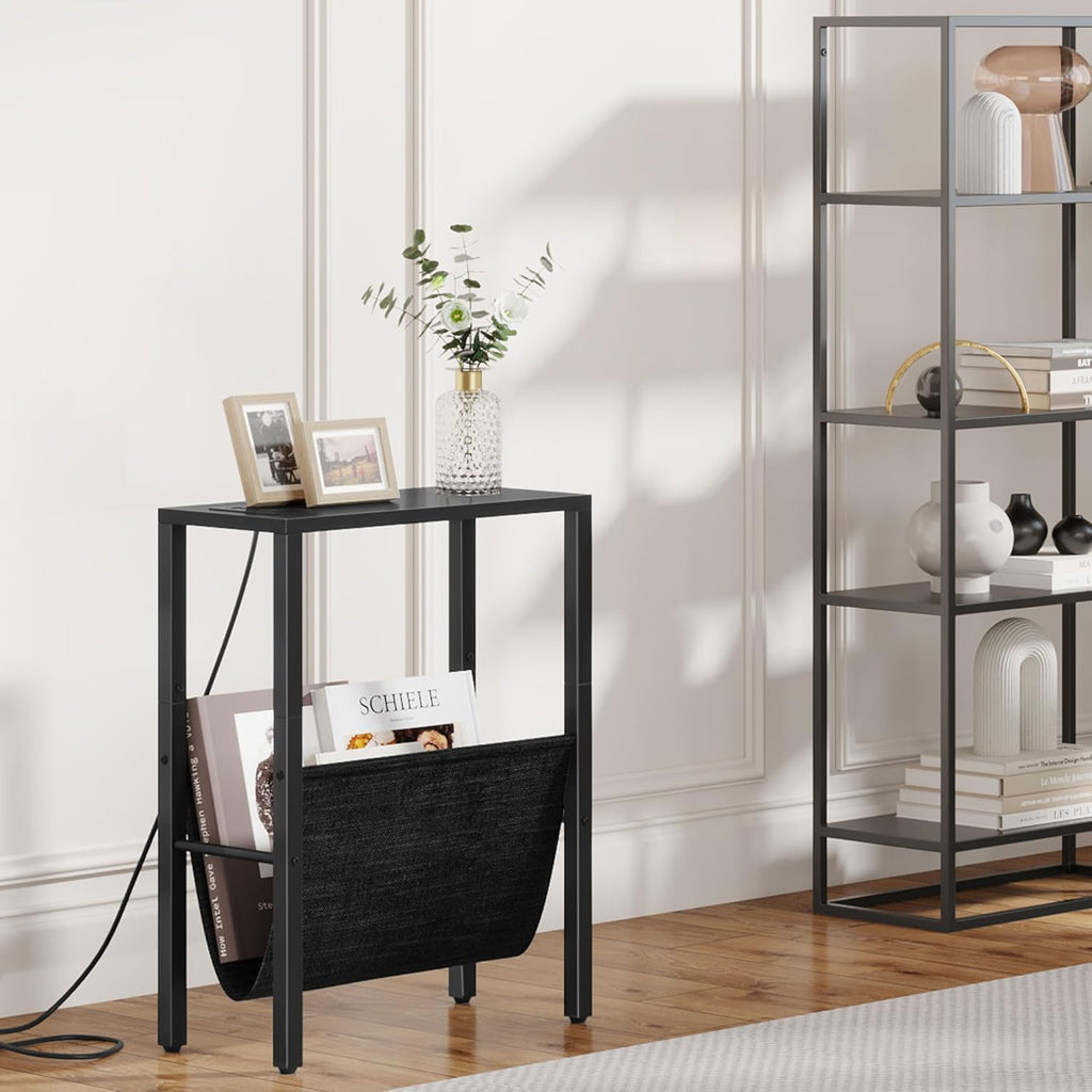Vagusicc Narrow End Table with Charging Station, Narrow Nightstand with USB Ports & Outlet, Slim Sofa Side Table, Black End Table, Small Side Table for Small Spaces, Living Room, Bedroom, Black