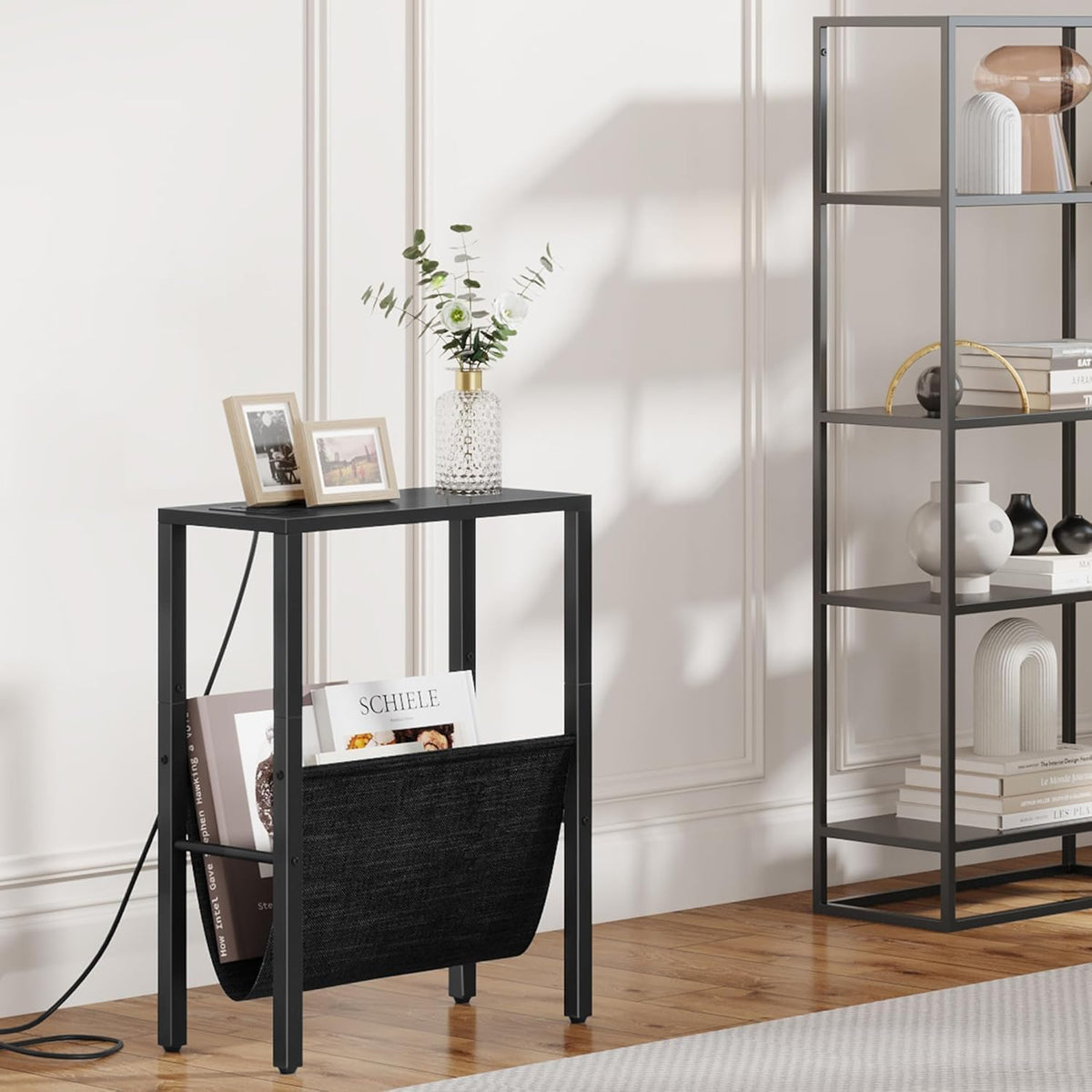 Vagusicc Narrow End Table with Charging Station, Narrow Nightstand with USB Ports & Outlet, Slim Sofa Side Table, Black End Table, Small Side Table for Small Spaces, Living Room, Bedroom, Black