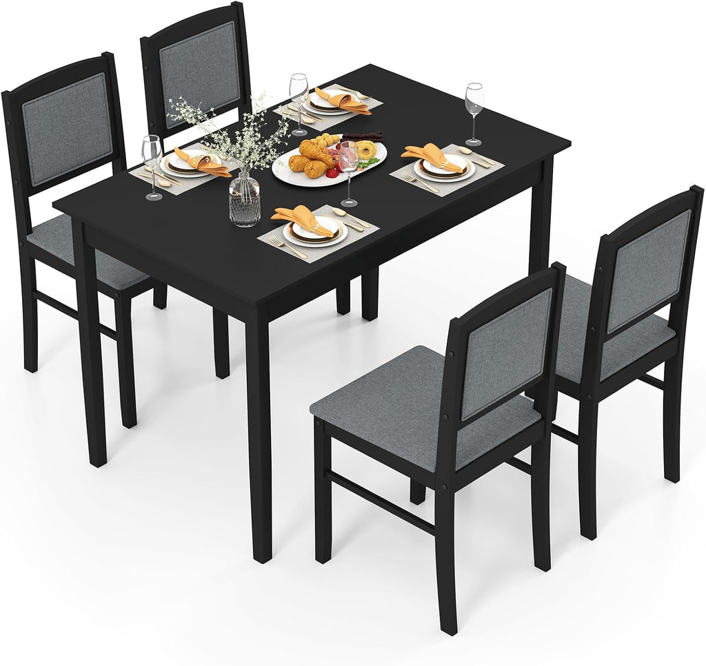 Giantex 5-Piece Dining Table Set for 4, Wooden Kitchen Table and Chairs with Solid Rubber Wood Legs, Padded Seat & Backrest, Space Saving Dinette Set for Home Dining Living Room, Breakfast Nook