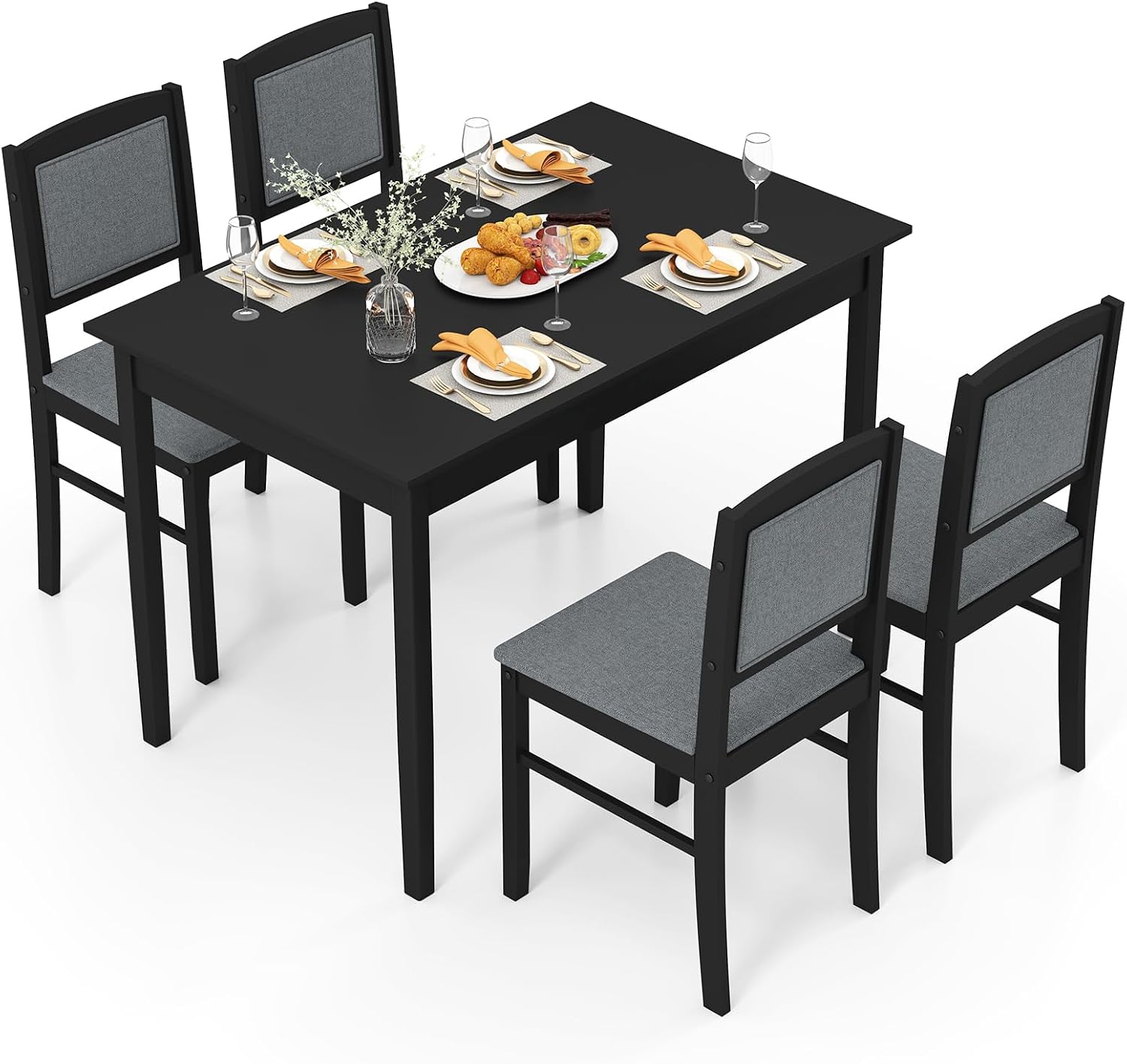 Giantex 5-Piece Dining Table Set for 4, Wooden Kitchen Table and Chairs with Solid Rubber Wood Legs, Padded Seat & Backrest, Space Saving Dinette Set for Home Dining Living Room, Breakfast Nook