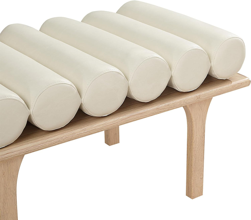 Meridian Furniture 22007Cream Landon Collection Art Deco Bench with Soft Vintage Cream Vegan Leather and Solid Wood with Natural Oak Finish, 60.5" W x 19.5" D x 18.5" H, Cream