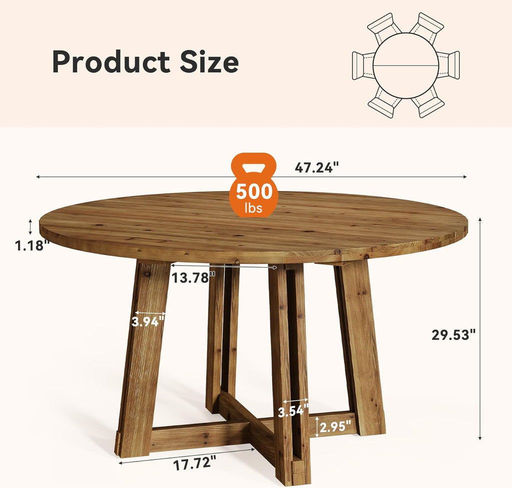 47.3" Solid Wood Dining Table for 4-6, Round Wood Kitchen Table | Farmhouse Kitchen & Dining Room Table, Sturdy and Stable, Circle Dinner Table with Wood Legs, Easy Assembly, Rustic Brown