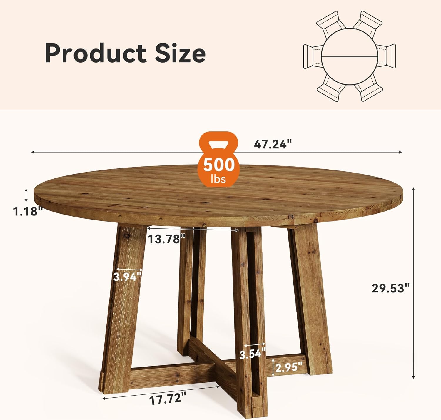 47.3" Solid Wood Dining Table for 4-6, Round Wood Kitchen Table | Farmhouse Kitchen & Dining Room Table, Sturdy and Stable, Circle Dinner Table with Wood Legs, Easy Assembly, Rustic Brown