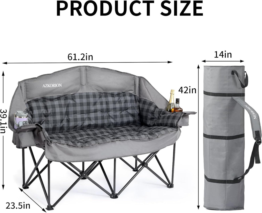Oversized Double Camping Chair Heavy Duty Padded Double Folding Chair with Cup Holders & Carry Bag Foldable 2 Person Camping Chairs Outdoor Portable Couch for Lawn, Sports - Supports 900LBS Grey