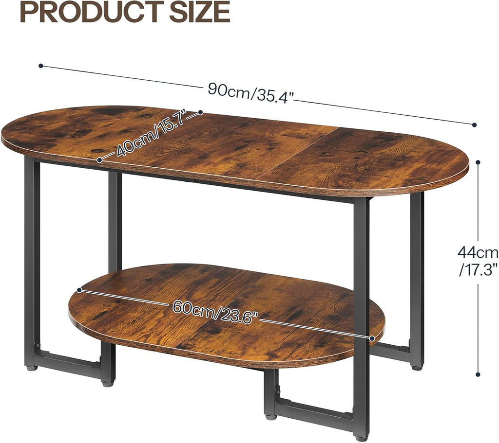 HOOBRO Coffee Table for Living Room, Oval Small Coffee Table with 2-Tier Open Storage Shelf, Industrial Cocktail Tea Table, Wooden Desktop Center Table, Farmhouse, Home Office, Rustic Brown BF09KF01