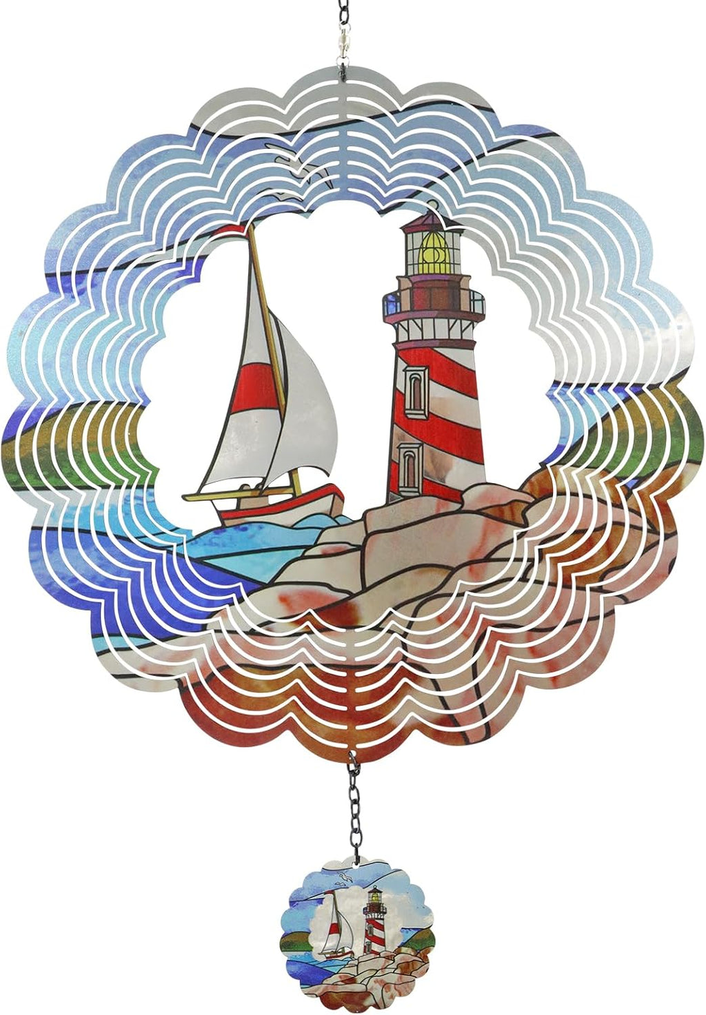 Lighthouse 3D Wind Spinner Kinetic Metal Art Hanging Wind Spinner Outdoor Decoration Ocean Ornaments Decor for Yard and Garden