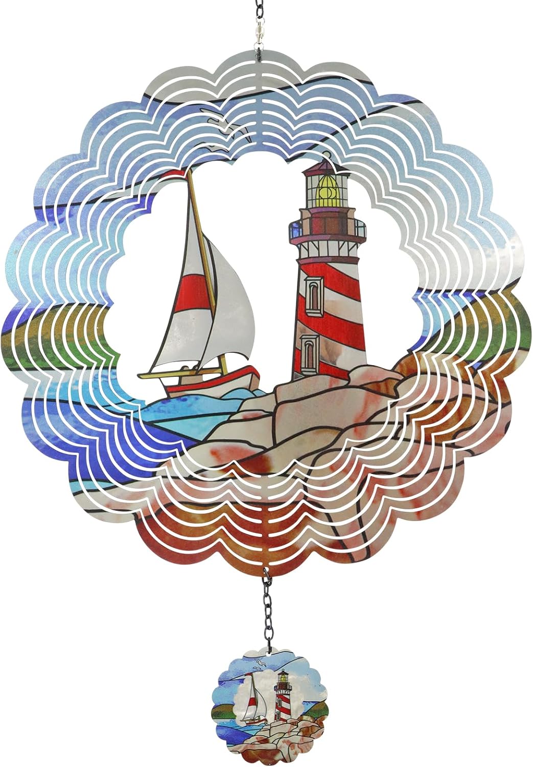 Lighthouse 3D Wind Spinner Kinetic Metal Art Hanging Wind Spinner Outdoor Decoration Ocean Ornaments Decor for Yard and Garden