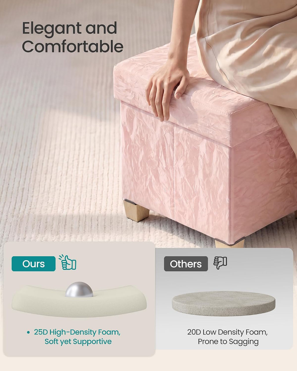 SONGMICS Storage Ottoman Bench, PU Leather Foldable Footrest, Padded Seat | Chest for Bedroom, 43.3 x 15 x 15.7 inches, Jelly Pink, MINOTA Collection ULSF524SA01