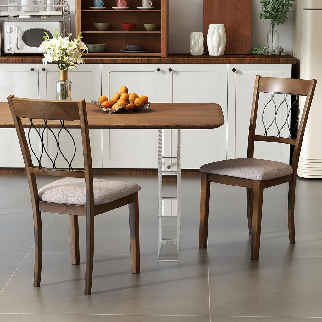 Giantex Dining Chairs Set of 4, Fabric Upholstered Armless Kitchen Chairs w/Hollowed Backrest, Padded Seat, Rubber Wood Frame, Farmhouse Side Chairs for Living Room Restaurant, Rustic Brown