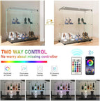 2-Tier Glass Display Cabinet with Bluetooth LED Light Strip, 2-Door Floor Standing Curio Cabinet with Universal Wheel for Home, Black Glass Bookshelf for Collections, Clear Top