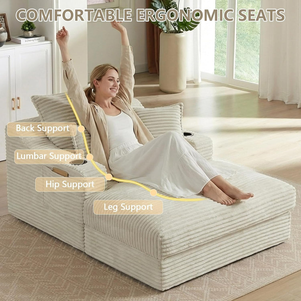 67.7" Chaise Lounge Chair Indoor with Cup Holders & Side Pocket, Oversized Floor Lounger Chairs Indoor with 3 Soft Pillows, Deep Seat Reading Lounge Couch for Living Room, Apartment, Camel
