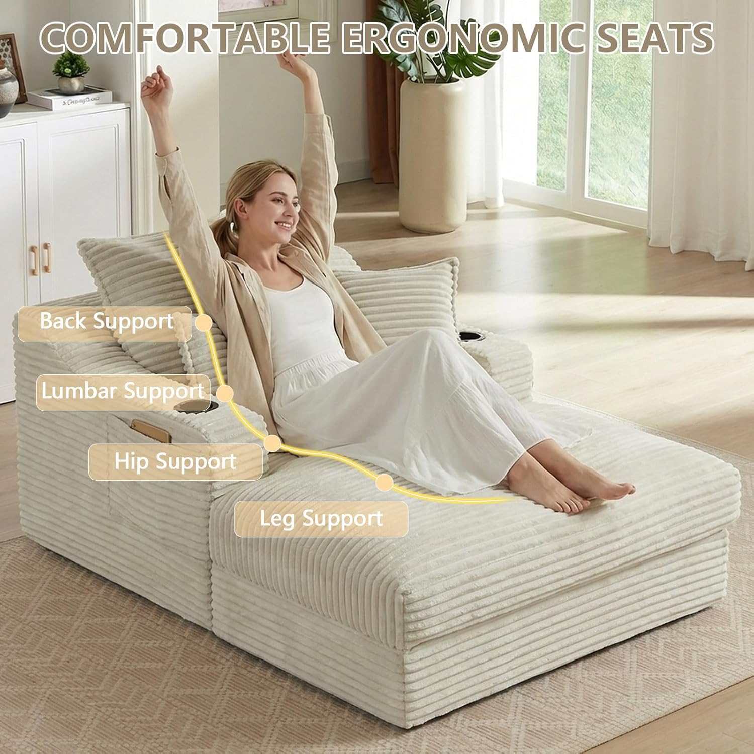 67.7" Chaise Lounge Chair Indoor with Cup Holders & Side Pocket, Oversized Floor Lounger Chairs Indoor with 3 Soft Pillows, Deep Seat Reading Lounge Couch for Living Room, Apartment, Camel