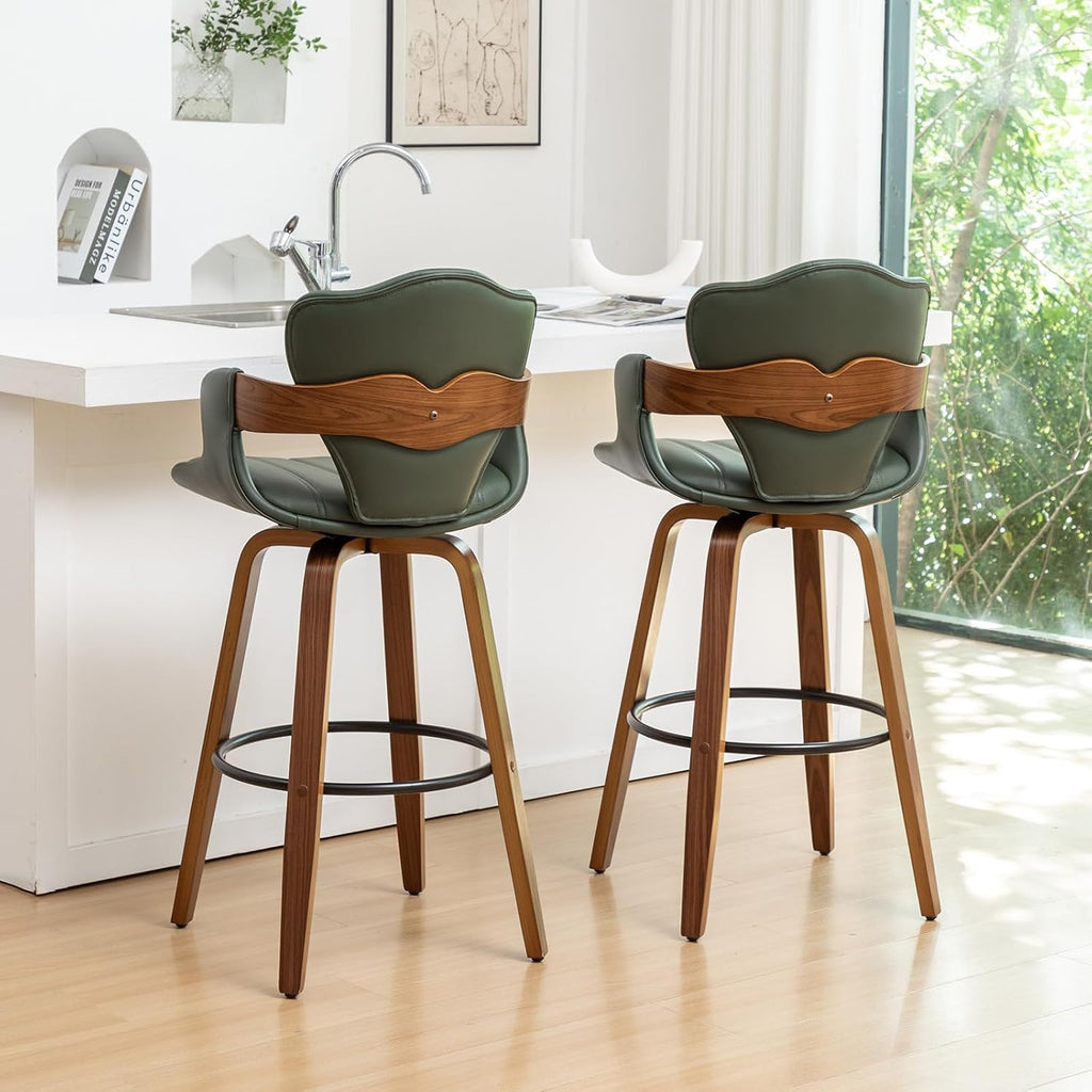 24.8" Swivel Bar Stools Set of 3,Mid Century Modern Counter Height Bar Stools,Green Upholstered Faux Leather Counter Stools with Arms and Fishtail-shaped Back,Walnut Wood Frame Home Bar Chair