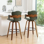 24.8" Swivel Bar Stools Set of 3,Mid Century Modern Counter Height Bar Stools,Green Upholstered Faux Leather Counter Stools with Arms and Fishtail-shaped Back,Walnut Wood Frame Home Bar Chair
