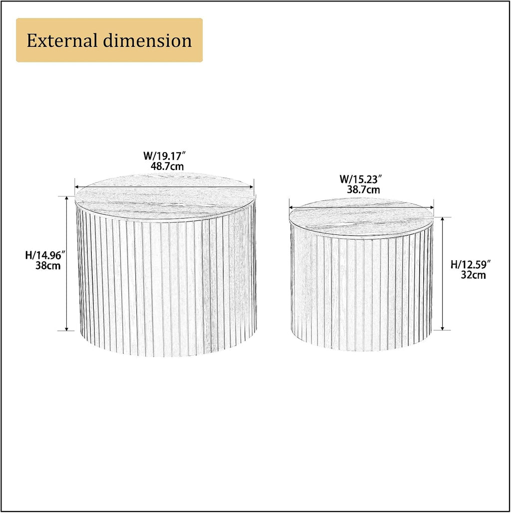 Round Nesting Coffee Table Set of 2, Wood Side Tables with Storage | Fluted Walnut Accent and End Tables Sets, Mid Century Modern, Living room, bedroom, office, small spaces, Black