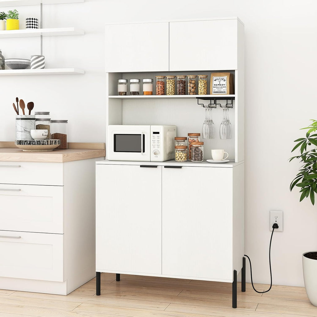 LOKO 64.5” Tall Kitchen Pantry Cabinet, Buffet Sideboard with Charging Station, Modern Wine Bar Cabinet with Wine Glass Rack, Kitchen Hutch Cupboard for Dining Room, Living Room (White)