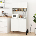 LOKO 64.5” Tall Kitchen Pantry Cabinet, Buffet Sideboard with Charging Station, Modern Wine Bar Cabinet with Wine Glass Rack, Kitchen Hutch Cupboard for Dining Room, Living Room (White)
