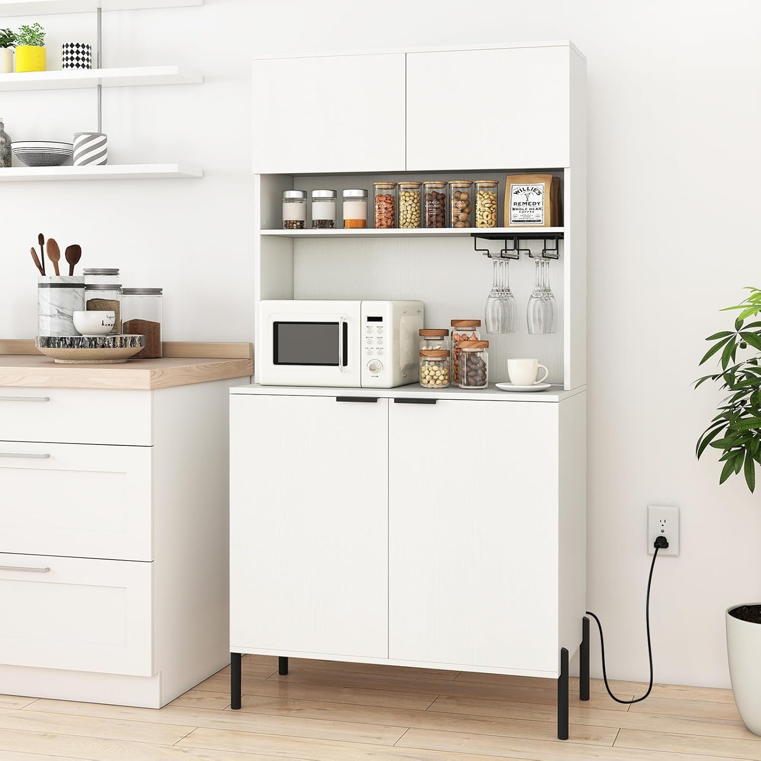 LOKO 64.5” Tall Kitchen Pantry Cabinet, Buffet Sideboard with Charging Station, Modern Wine Bar Cabinet with Wine Glass Rack, Kitchen Hutch Cupboard for Dining Room, Living Room (White)