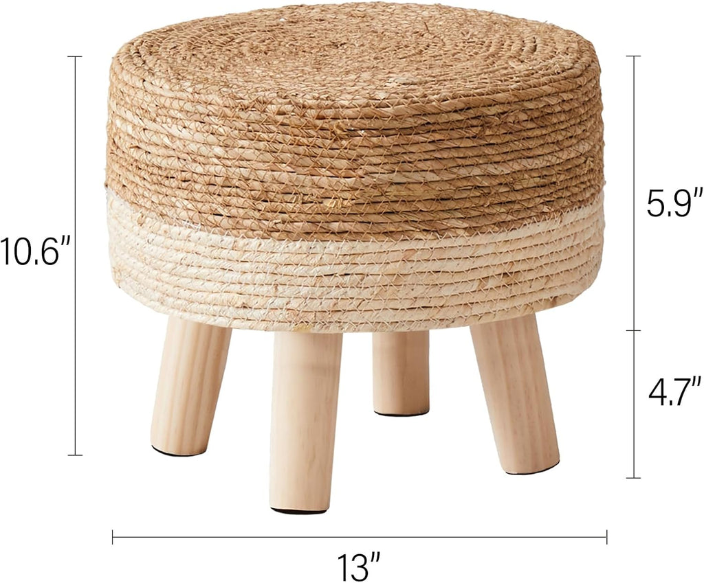 Cpintltr Foot Stool Natural Seagrass Hand Weave Poufs Round Ottoman for Couch Desk Soft Step Stool Padded Foot Rest with Non-Skid Pine Legs for Hallway Office Lounge Natural/White
