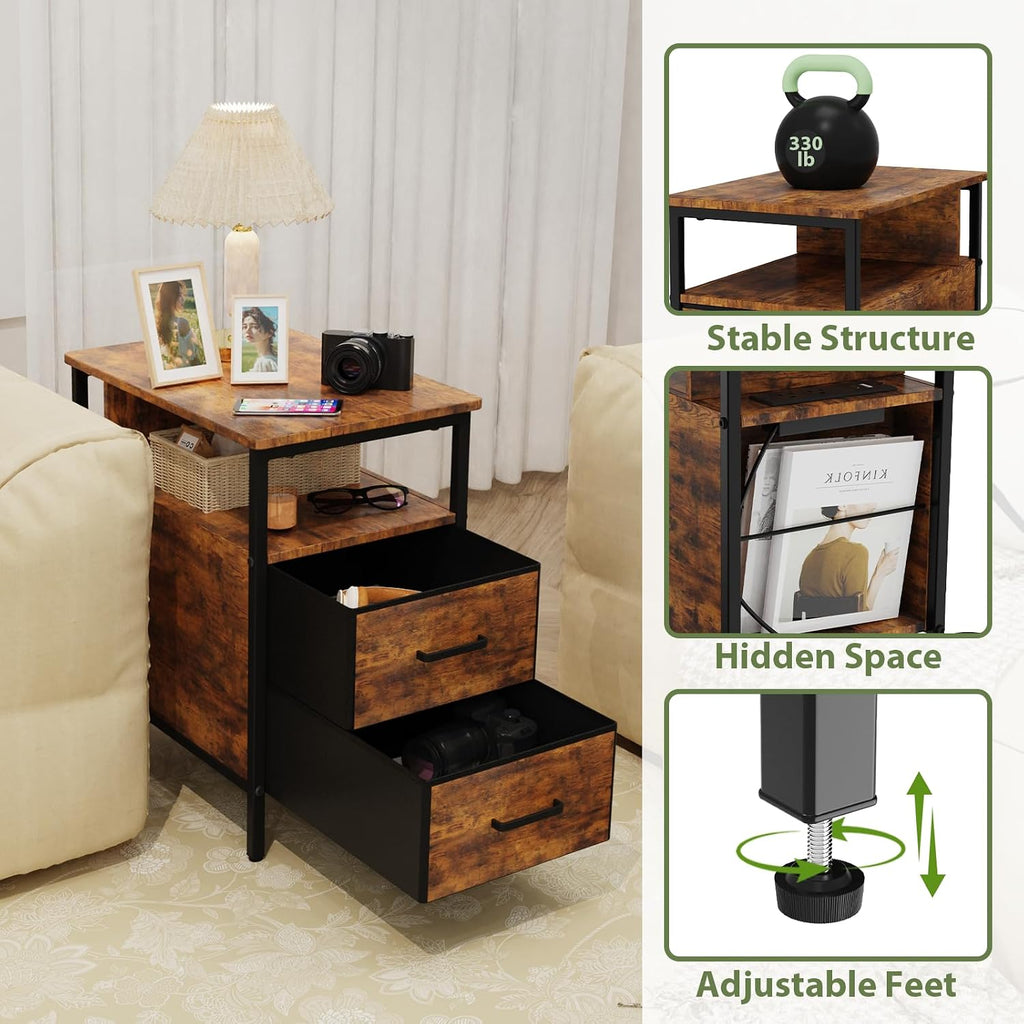 End Table with Charging Station, Narrow Side Table with 2 Fabric Drawers & Storage Shelf, USB Ports & Power Outlets, Nightstand for Bedroom, Living Room and Small Spaces, Rustic Brown